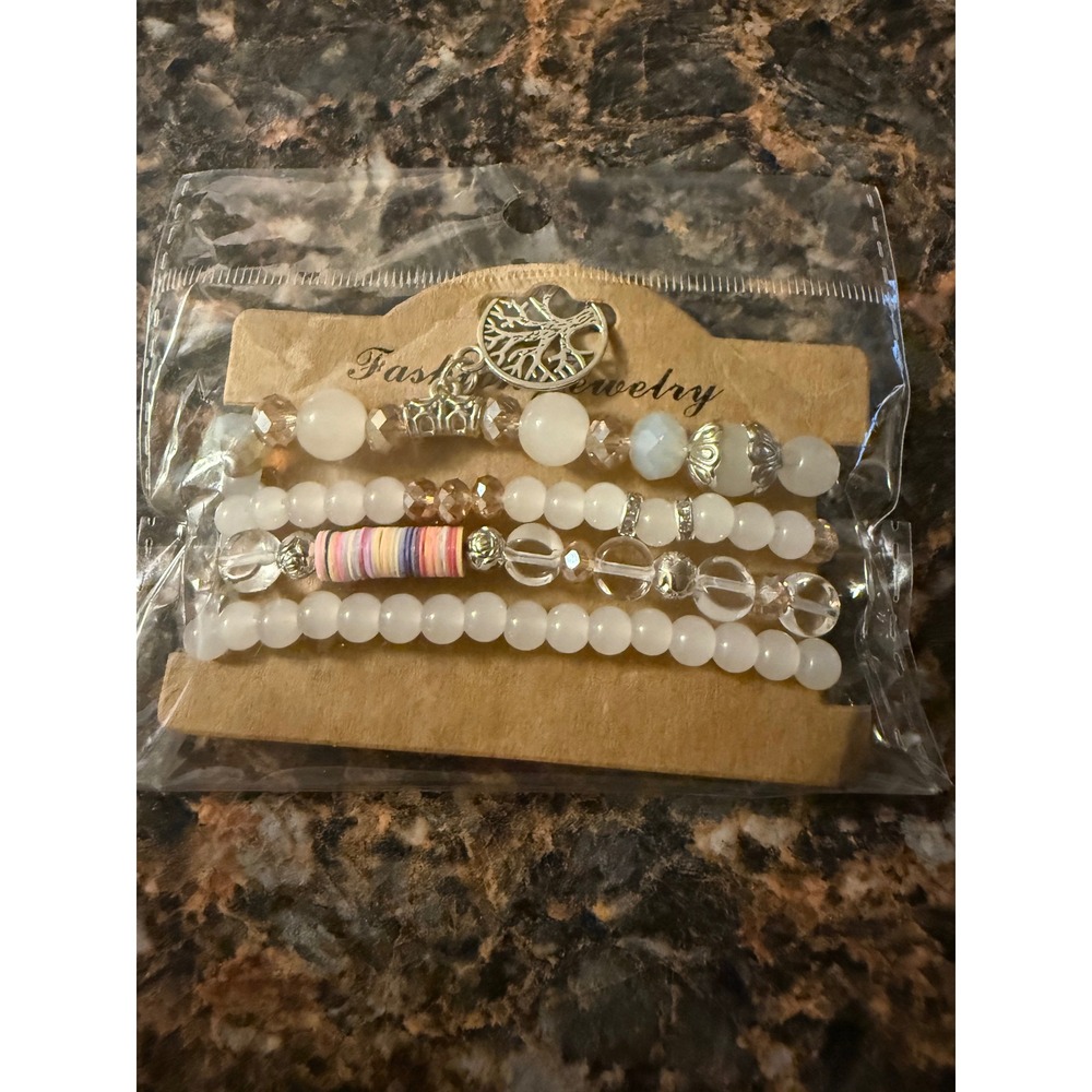 Boho Beaded Bracelet Set 4pc White Clear Tree of Life Charm Stretch Stack NWT